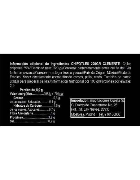 Etiqueta Chiles chipotles adobados Clemente Jacques 220 grs.