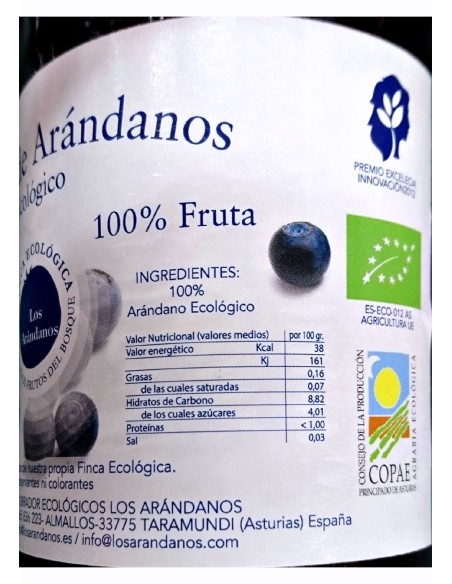 Etiqueta Zumo de arándanos ecológico 100% fruta Los Arándanos