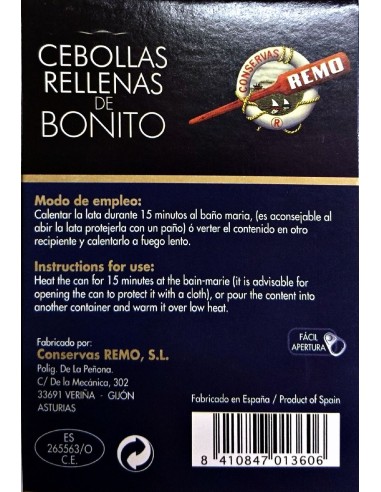 Etiqueta Cebollas rellenas de bonito Conservas Remo 425 grs.