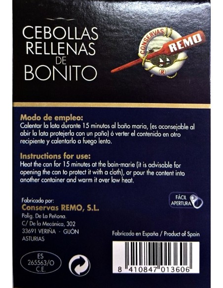 Etiqueta Cebollas rellenas de bonito Conservas Remo 425 grs.