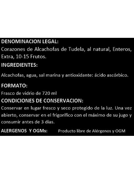 Ingredientes Corazones de alcachofa de Tudela entera extra Pedro Luis 660 grs.