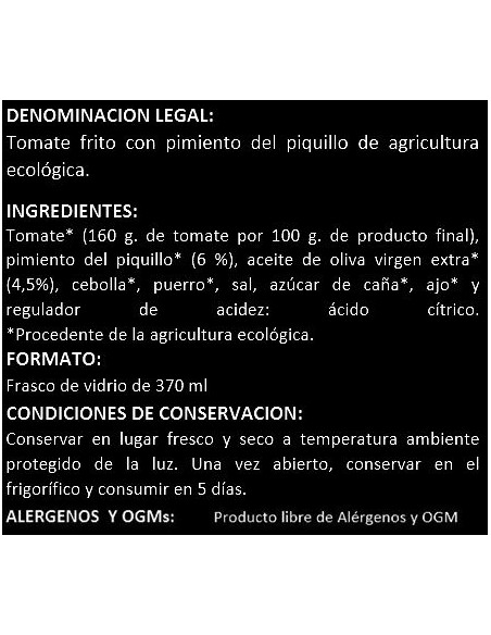 Tomàquet fregit amb pebrot del piquillo agricultura ecològica Pedro Luis 340 grs.