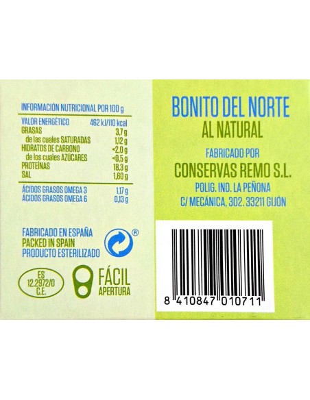 Información Nutricional Bonito del Norte al natural Conservas Remo 190 grs.