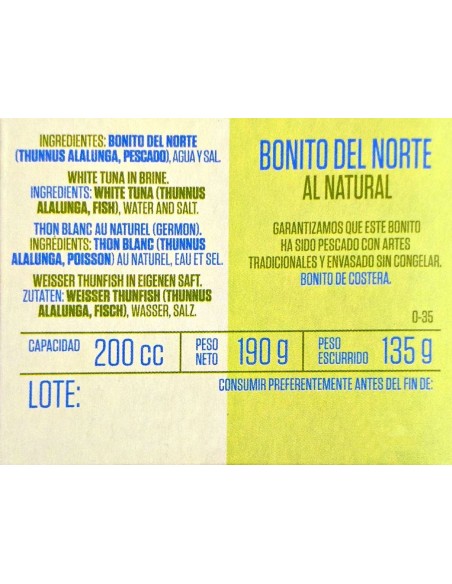 Ingredientes Bonito del Norte al natural Conservas Remo 190 grs.