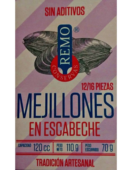 Mejillones en escabeche Conservas Remo 12/16 piezas 110 grs.