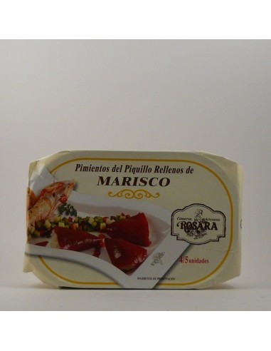 Piquillo Paprika mit Meeresfrüchten Rosara Zinn 250 Gramm gefüllt.